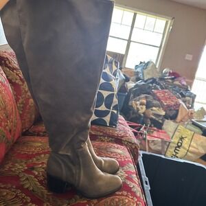 womens slouchy Faux Suede Knee High Boots Chunky Heel Side Zipper Size 9.5  Tan